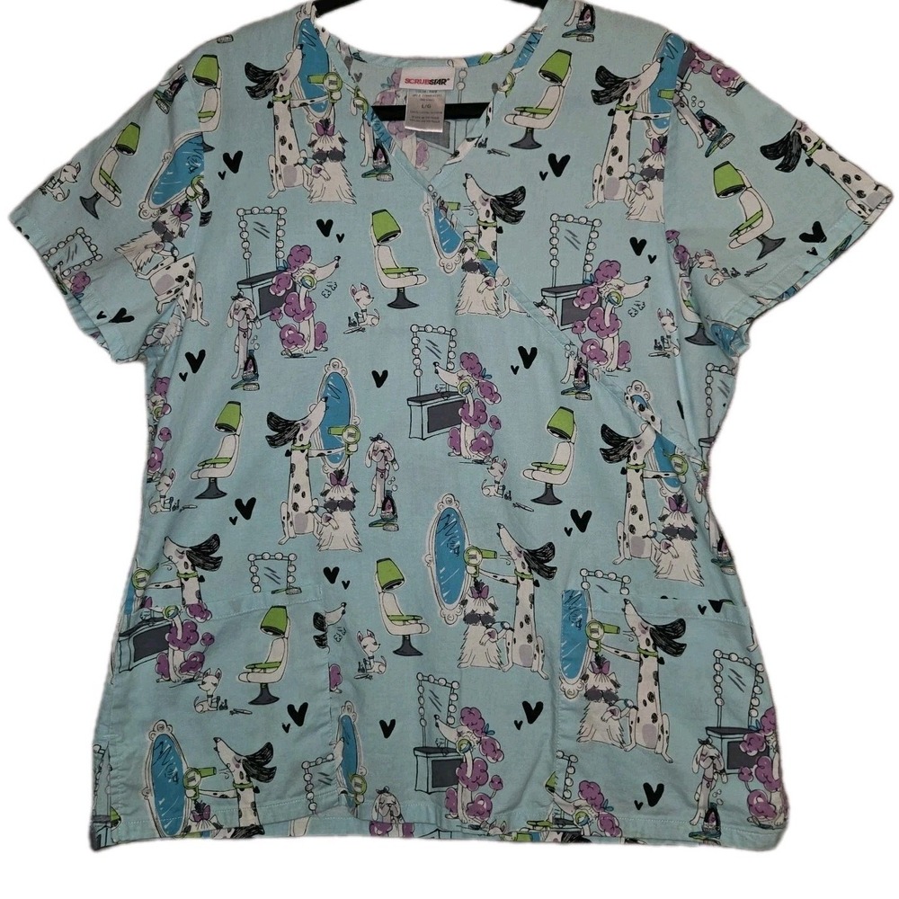 Scrubstars Scrub Top Size Large Poodle Dog Groomer Vet Tech Medical Uniform